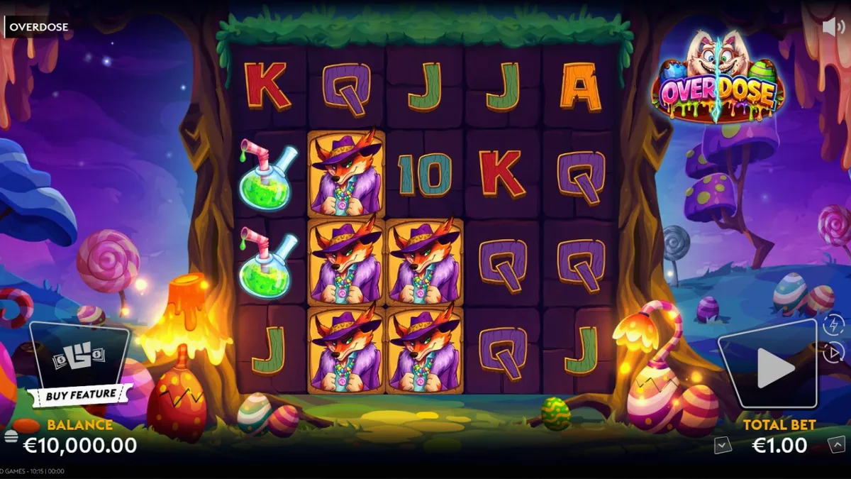 Interface do slot Overdose com elementos visuais de néon e doces temáticos