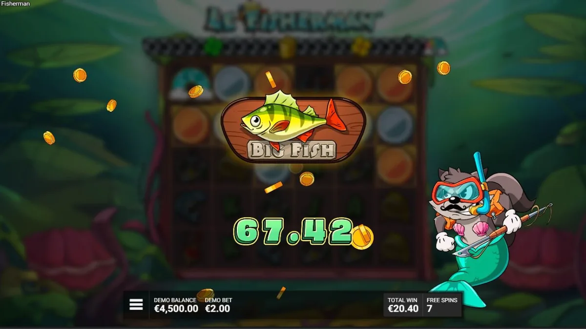 Smokey o guaxinim pescando em um cenário cartoon de Le Fisherman